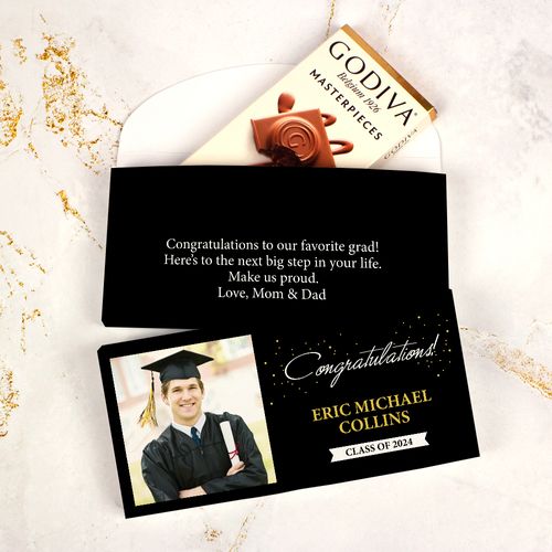 Deluxe Personalized Confetti Photo Graduation Godiva Chocolate Bar in Gift Box