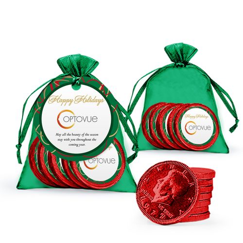 Christmas Add Your Logo Ribbons Chocolate Coins in XS Organza Bags