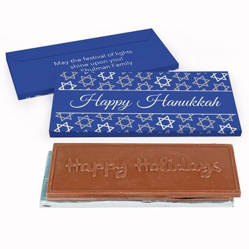 Deluxe Personalized Hanukkah Festive Pattern Chocolate Bar in Gift Box