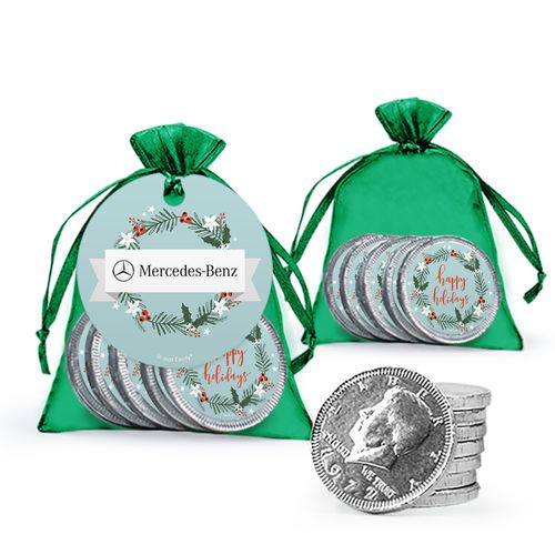 Personalized Christmas Decorative Wreath Add Your Logo Chocolate Coins in XS Organza Bags with Gift Tag