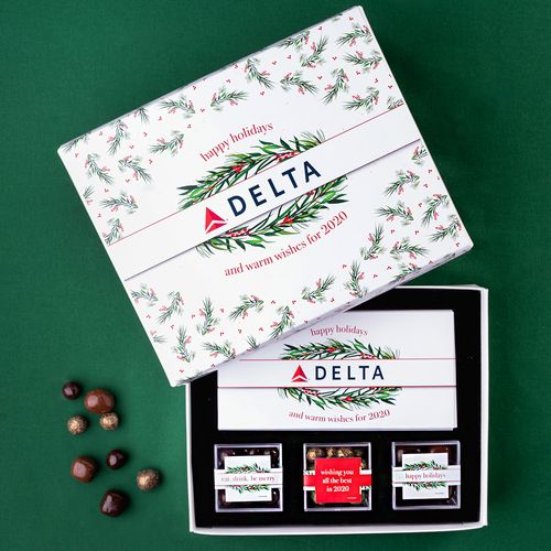 Personalized Christmas Wintry Wishes Add Your Logo Premium Gift Box with Lindt Milk Chocolate Bar & 3 JUST CANDY® favor cubes