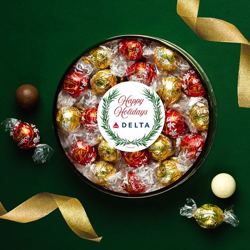 Personalized Happy Holidays Winter Greenery Large Plastic Tin with Lindt Truffles (24pcs)