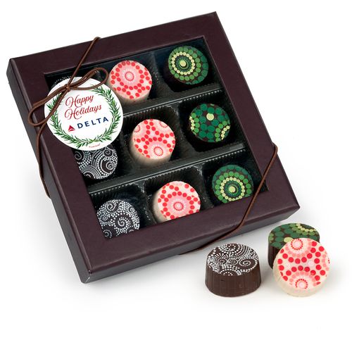 Personalized Christmas Winter Greenery Add Your Logo Gourmet Belgian Chocolate Truffle Gift Box (9 Truffles)