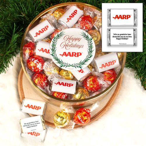 Personalized Add Your Logo Extra-Large Plastic Tin with Approx 1lb Personalized Hershey's Miniatures and Lindor Truffles by Lindt