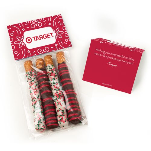 Personalized Happy Holidays Add Your Logo Belgian Chocolate Covered Pretzel Sticks (4pcs)