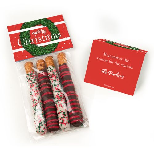 Personalized Merry Christmas Wreath Belgian Chocolate Covered Pretzel Sticks (4pcs)