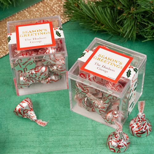 Personalized Christmas Candy Cane Poinsettia JUST CANDY® favor cube with Hershey's Kisses
