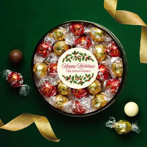 Personalized Happy Holidays Large Plastic Tin with Lindt Truffles (24pcs)