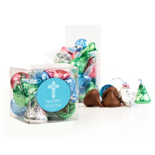 Personalized Easter Blue Cross Clear Gift Box with Sticker - Approx. 16 Spring Mix Hershey's Kisses