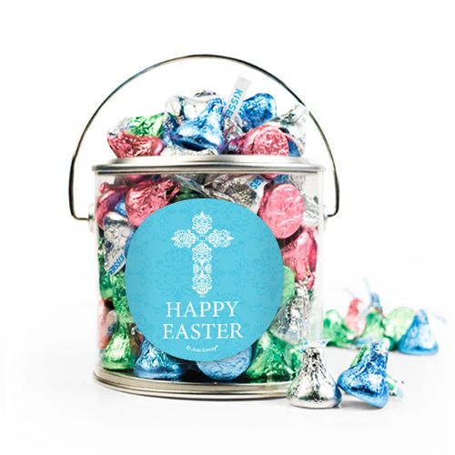 Personalized Easter Blue Cross Silver Paint Can with Sticker - 12oz Spring Mix Kisses