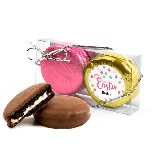 Personalized Easter Eggs & Flowers 2Pk Pink & Gold Foiled Chocolate Covered Oreo Cookies
