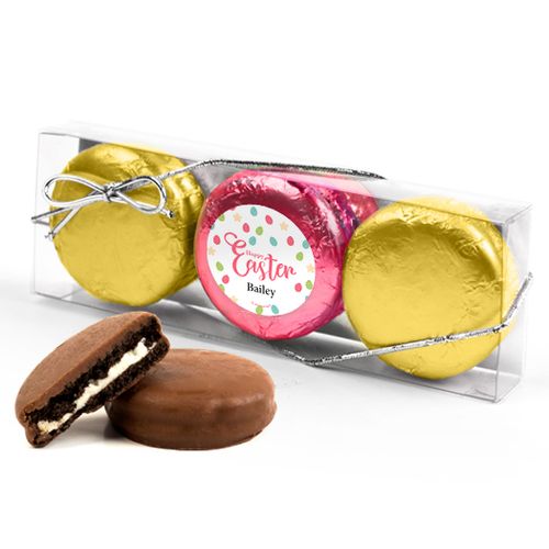 Personalized Easter Eggs & Flowers 3PK Pink & Gold Foiled Chocolate Covered Oreo Cookies