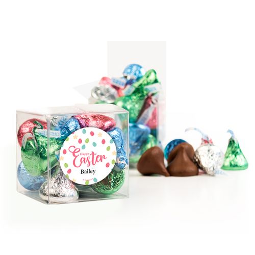 Personalized Easter Eggs & Flowers Clear Gift Box with Sticker - Approx. 16 Spring Mix Hershey's Kisses