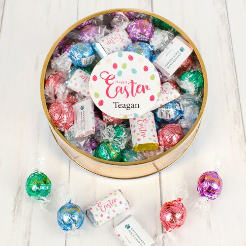 Personalized Easter Eggs and Flowers Extra-Large Plastic Tin with Approx 1.2lb Personalized Hershey's Miniatures and Lindor Truffles by Lindt