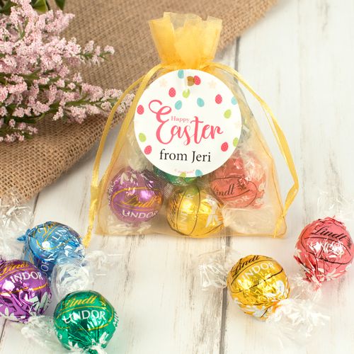 Personalized Easter Eggs and Flowers Lindor Truffles by Lindt in Organza Bags with Gift Tag