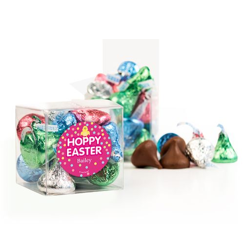 Personalized Easter Pink Chick Clear Gift Box with Sticker - Approx. 16 Spring Mix Hershey's Kisses