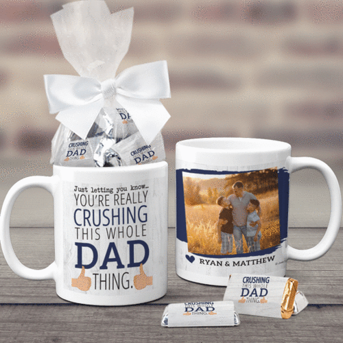 Father's Day Gifts Personalized 11oz Coffee Mug with approx. 24 Wrapped Hershey's Miniatures - Crushing It