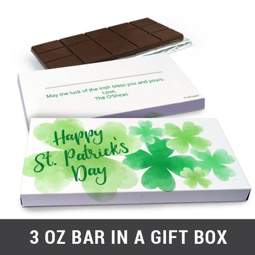 Deluxe Personalized Watercolor Clover St. Patrick's Day Chocolate Bar in Gift Box (3oz Bar)