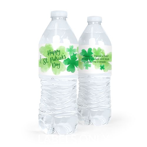 Personalized St. Patrick's Day Watercolor Clovers Water Bottle Sticker Labels (5 Labels)