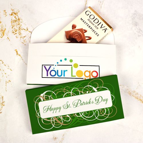 Deluxe Personalized St. Patrick's Day Add Your Logo Swirls Godiva Chocolate Bar in Gift Box