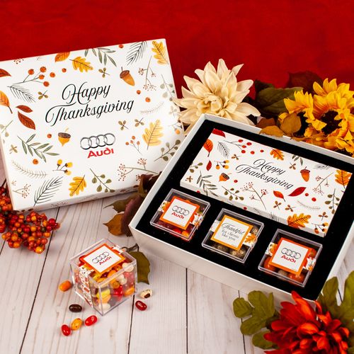 Personalized Thanksgiving Add Your Logo Premium Gift Box with Lindt Milk Chocolate Bar & 3 JUST CANDY® favor cubes