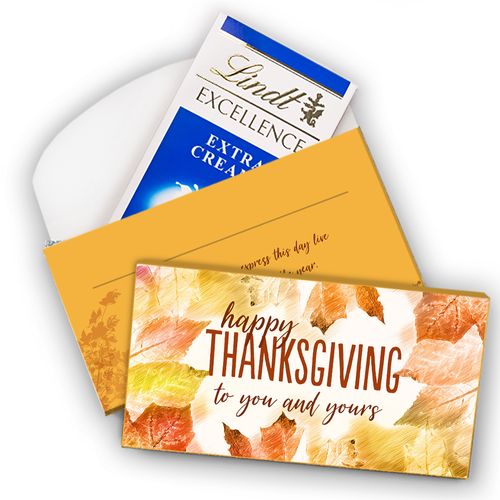 Deluxe Personalized Thanksgiving Falling Into Autumn Lindt Chocolate Bar in Gift Box (3.5oz)