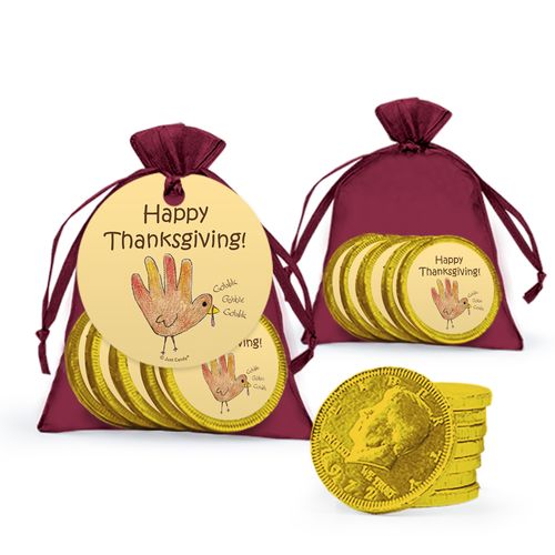 Thanksgiving Handprint Turkey Milk Chocolate Coins in Organza Bags with Gift Tag