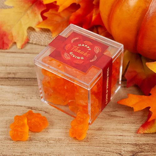 Personalized Thanksgiving JUST CANDY® favor cube with Gummy Bears