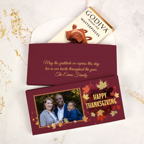 Deluxe Personalized Thanksgiving Falling Leaves Photo Godiva Chocolate Bar in Gift Box