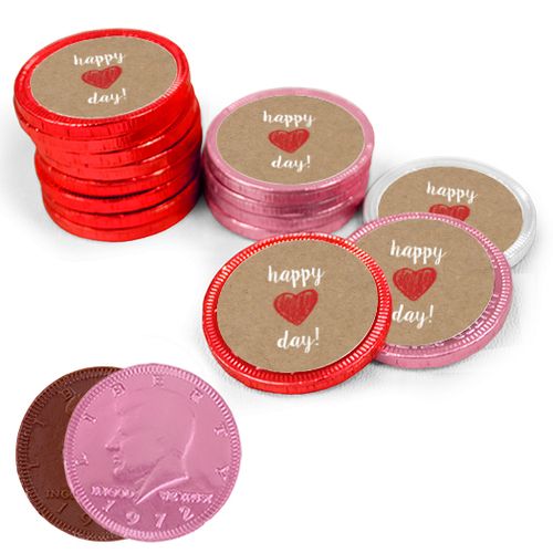 Valentine's Day Red Heart Milk Chocolate Red, Pink and White Coins with Stickers (84 Pack)