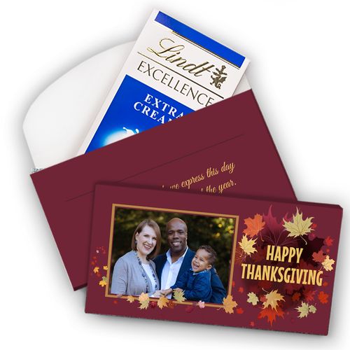 Deluxe Personalized Leaves with Photo Thanksgiving Lindt Chocolate Bar in Gift Box (3.5oz)