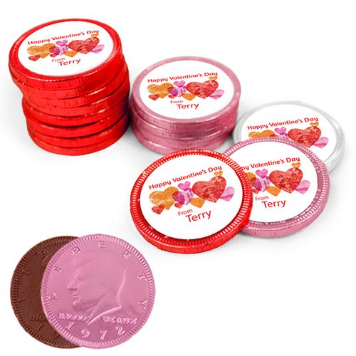 Valentine's Day Marble Hearts Milk Chocolate Red, Pink and White Coins with Stickers (84 Pack)