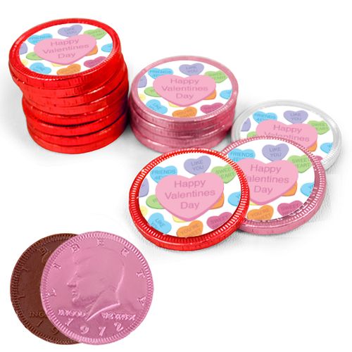 Valentine's Day Conversation Heart Milk Chocolate Red, Pink and White Coins with Stickers (84 Pack)