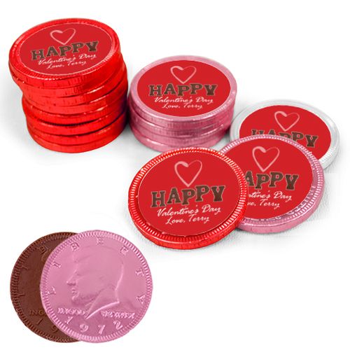 Valentine's Day Happy Heart Milk Chocolate Red, Pink and White Coins with Stickers (84 Pack)