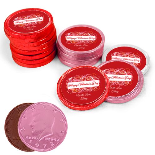 Valentine's Day Swirls Milk Chocolate Red, Pink and White Coins with Stickers (84 Pack)