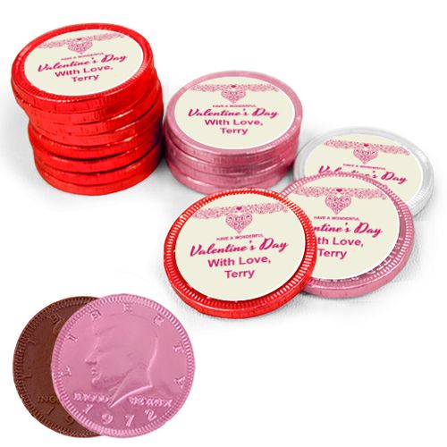 Valentine's Day Pattern Heart Milk Chocolate Red, Pink and White Coins with Stickers (84 Pack)