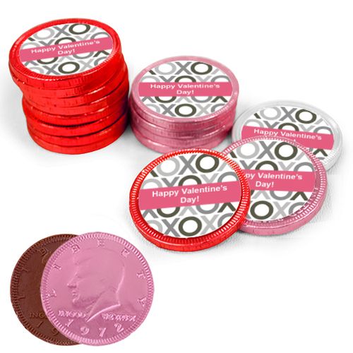 Valentine's Day XOXO Milk Chocolate Red, Pink and White Coins with Stickers (84 Pack)