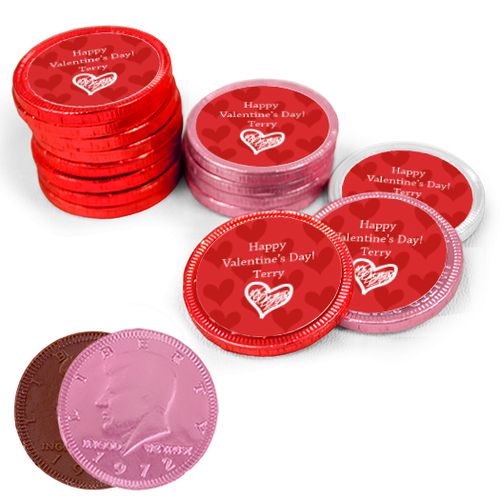 Valentine's Day Scribble Heart Milk Chocolate Red, Pink and White Coins with Stickers (84 Pack)