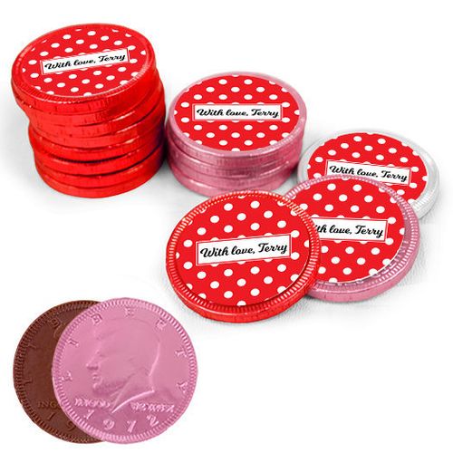Valentine's Day Dots Milk Chocolate Red, Pink and White Coins with Stickers (84 Pack)