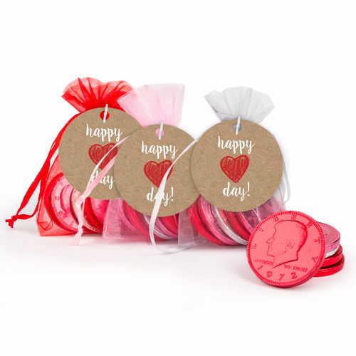 Valentine's Day Red Heart Chocolate Coins in XS Organza Bags with Gift Tag - Set of 6