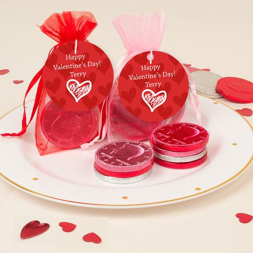 Personalized Valentine's Day Scribble Heart Chocolate Coins in XS Organza Bags