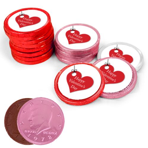 Valentine's Day Hanging Hearts Milk Chocolate Red, Pink and White Coins with Stickers (84 Pack)
