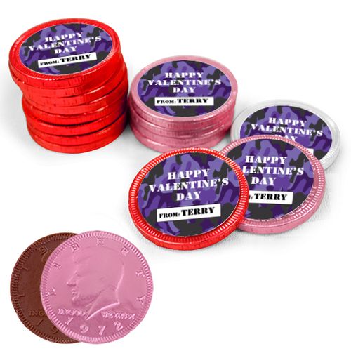 Valentine's Day Camo Milk Chocolate Red, Pink and White Coins with Stickers (84 Pack)
