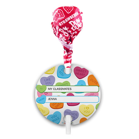 Personalized Conversation Hearts Valentine's Day Dum Dums with Gift Tag (75 pops)