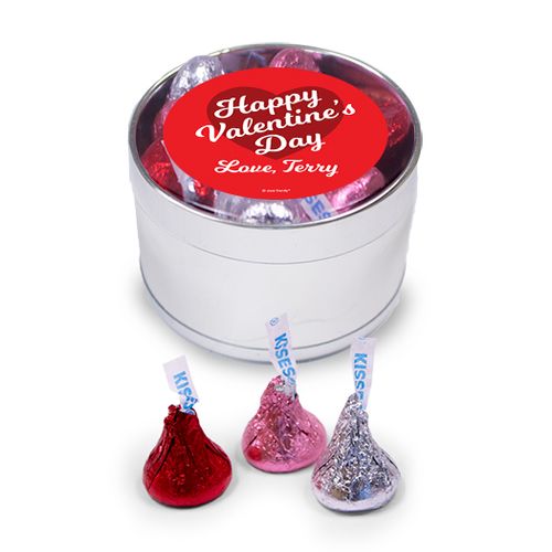 Personalized Valentine's Day Heart Medium Silver Plastic Tin - 30 Hershey's Kisses Love Mix