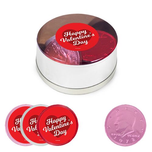 Valentine's Day Milk Chocolate Coins in Small Silver Plastic Tin (12 Coins w/ stickers)