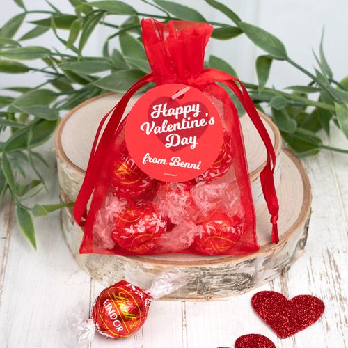 Personalized Valentine's Day Script Heart Lindor Truffles by Lindt in Organza Bags with Gift Tag