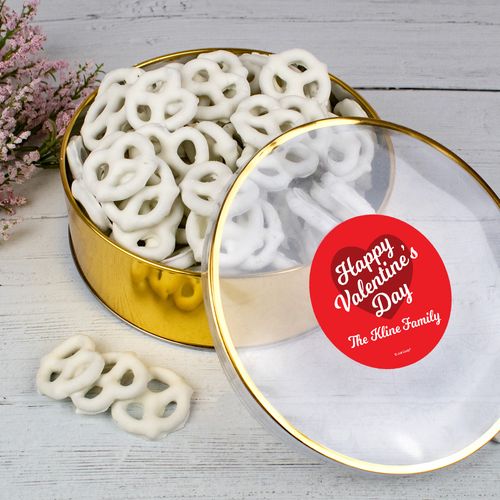 Personalized Valentine's Day Script Heart XL Plastic Tin Yogurt Pretzels (approx 80pcs)