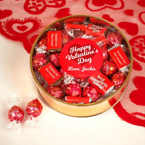 Personalized Valentine's Day Script Heart Extra-Large Plastic Tin with Approx 1.2lb Personalized Hershey's Miniatures and Lindor Truffles by Lindt