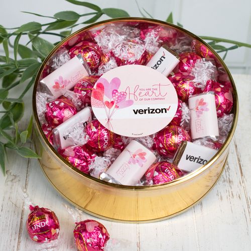Personalized Valentine's Day Add Your Logo Extra-Large Plastic Tin with Approx 1.2lb Personalized Hershey's Miniatures and Lindor Truffles by Lindt